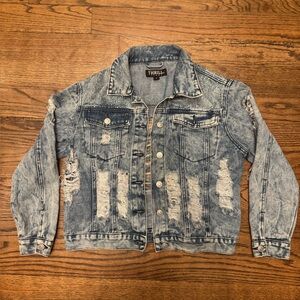 Thrill Blue Denim Ultra Distressed Jacket with Studded Accents, Small
